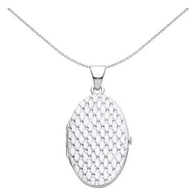 Jewelco London Ladies Rhodium Plated Sterling Silver Engraved Diamond Quilted Mesh Oval Locket P