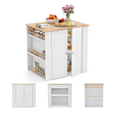 Modern Wood Top Kitchen Island w/ Door Drawer & Spice Racks Cupboard