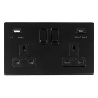 2 Gang Double 13A UK Plug Socket & 2x 3.1A USB-C & USB-A SCREWLESS MATT BLACK