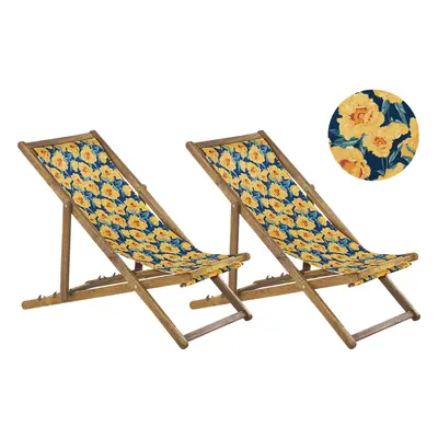 Set of Acacia Folding Deck Chairs and Replacement Fabrics Light Wood with Off-White / Yellow Flo