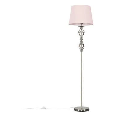 Traditional Style Brushed Chrome Double Twist Floor Lamp with a Pink Tapered Shade - Complete wi