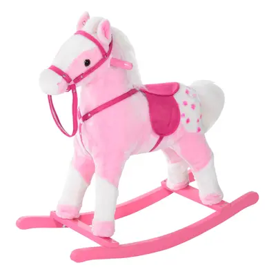 HOMCOM Rocking Horse Toy Plush Wood Pony Riding Rocker Neigh Sound Pink