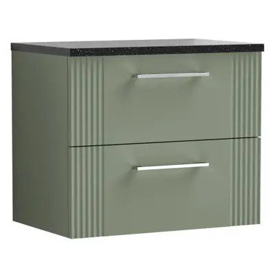 Retro Drawer Wall Hung Vanity Unit with Sparkling Black Laminate Worktop - 600mm - Satin Green -