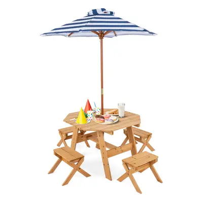 Wooden Octagon Table Set Kids Picnic Table & Chairs w /Umbrella