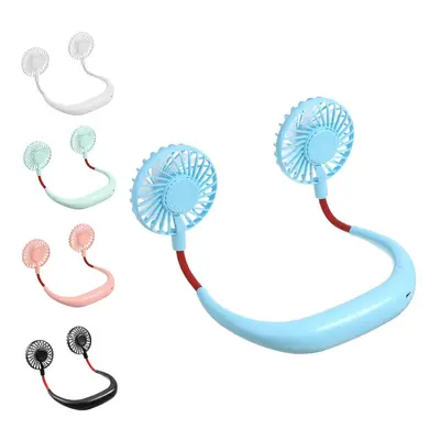 (Blue) DC 5V 1A Neck Hanging Fan Dual Head Cooling Mini Fan USB Rechargeable Camping Travel