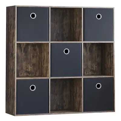 (Dark Wood, Black) Durham 3x3 Cube Shelf Drawer Bookcase + Baskets