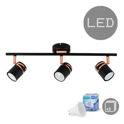 Modern Matt Black & Copper Way Adjustable Straight Bar Ceiling Spotlight - Complete with 5w LED 