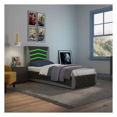 (Black and Grey) Galaxy Ottoman Storage LED Headboard Gaming Single Black Bed Frame