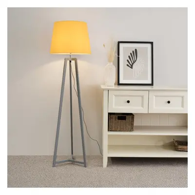 ValueLights Lottie Mustard Tapered Grey Wood Tripod Floor Lamp & Bulb