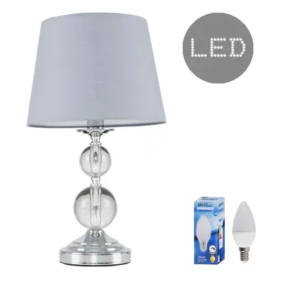 Modern Polished Chrome & Acrylic Ball Touch Table Lamp with a Grey Tapered Light Shade - With a 