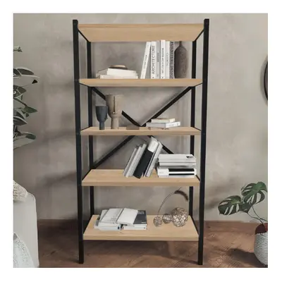 (Sapphire Oak) 5-Shelf Wood Bookcase Unit With Metal Frame