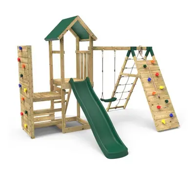 (Bear+) Rebo Wooden Climbing Frame with Vertical Rock Wall, Swing Set and Slide