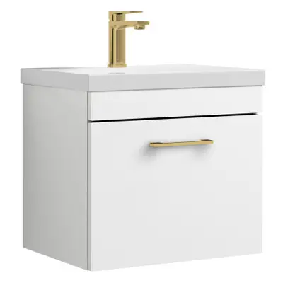 Rio Drawer Wall Hung Vanity Basin Unit - 500mm - Gloss White with Brushed Brass D Handle (Tap No