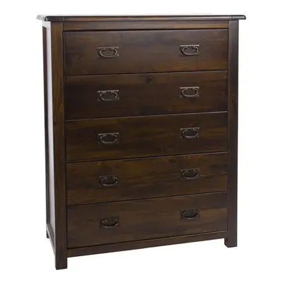 Dark Wood Chest of Drawers Solid Pine Dresser Metal Handles Lacquered Finish