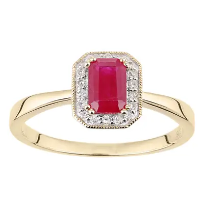 (Q) Jewelco London 9ct Yellow Gold Octagon Ruby and Diamond Cluster Ring