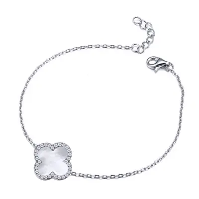 Jewelco London Silver Clover Mother of Pearl & CZ Halo Lucky Charm Chain Bracelet 7-8.5" - ABB24