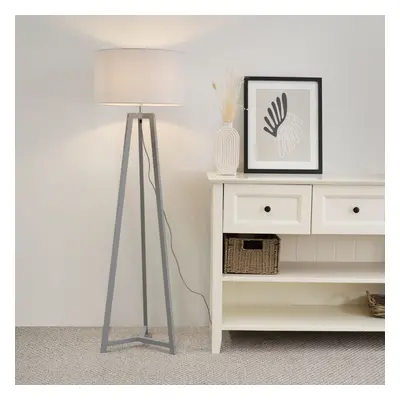 ValueLights Lottie Grey Shade Grey Wood Tripod Floor Lamp and LED Bulb