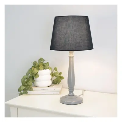 ValueLights Victoria Black Tapered Shade Grey Wood Table Lamp & Bulb