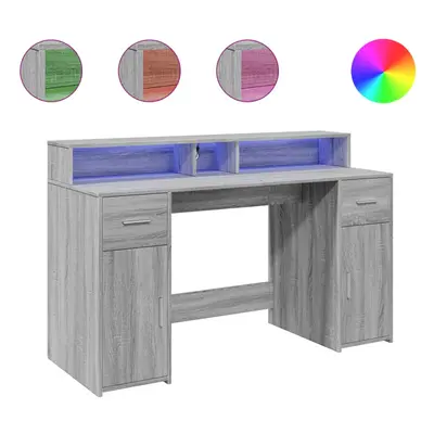 vidaXL Desk with LED Lights Writing Working Table Grey Sonoma Engineered Wood