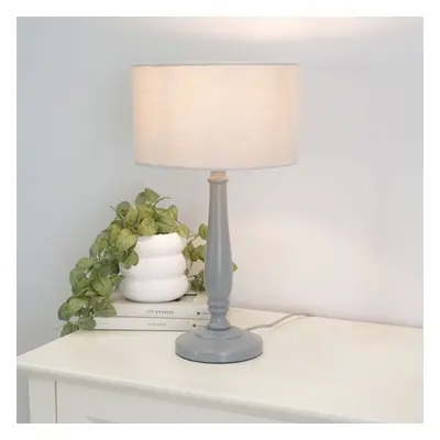 ValueLights Victoria Grey Drum Shade Grey Wood Table Lamp & LED Bulb