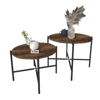 (Burnt Oak ) 2-Pcs Round Wooden Nesting End Coffee & Side Table