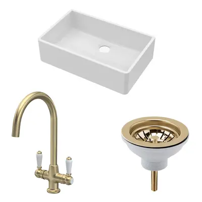 Fireclay Kitchen Bundle - Single Bowl Butler Sink, Waste & Mono Lever Handle Tap, 795mm - Brushe