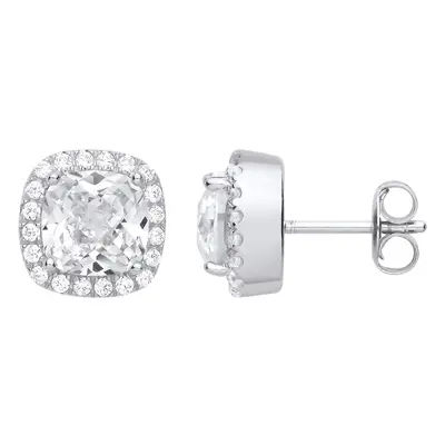 Jewelco London Ladies Rhodium Plated Sterling Silver Cushion CZ Halo Stud Earrings - EAG1269WH