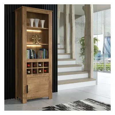 Furneo Display Cabinet Dark Oak Effect Modern Cupboard Storage LED Lights Prestigio