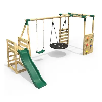 (Monkey Bars plus Deck & 6ft Slide - Meteorite, Green) Rebo Wooden Children's Swing Set with Mon