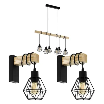 Multi Bulb Ceiling Pendant Light & 2x Matching Wall Lights Black Cage & Wood