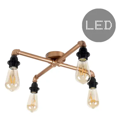 Industrial Way Copper Pipework Ceiling Light 4w LED Filament Bulbs