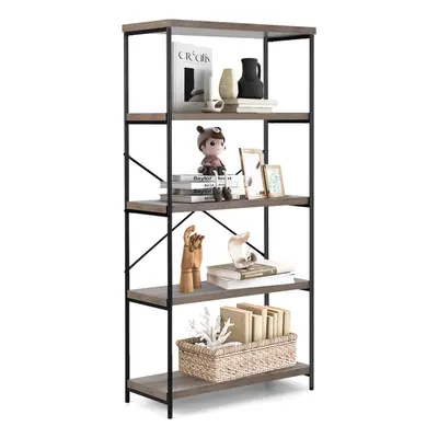 5-Tier Bookshelf Industrial Wood w/ Metal Frame Standing Display Grey