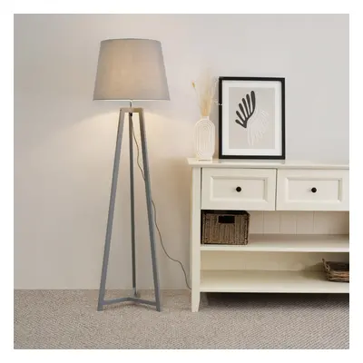 ValueLights Lottie Grey Tapered Grey Wood Tripod Floor Lamp & Bulb