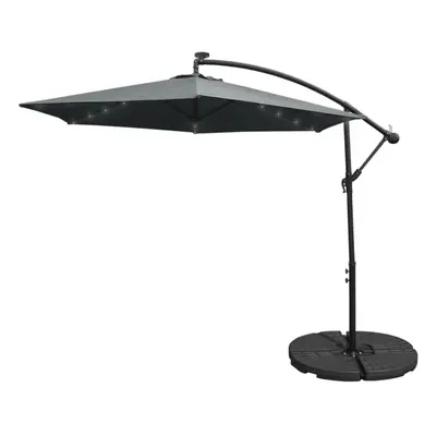 (Grey, Fan Base) 3m LED Cantilever Parasol Banana Umbrella Garden