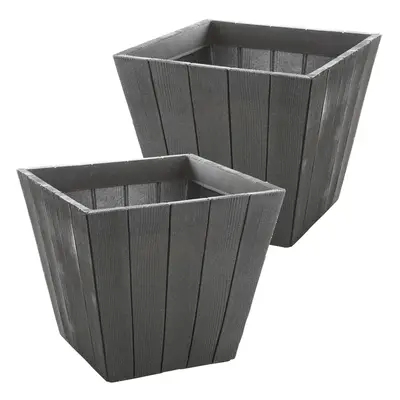 (2, Square) Grey Wood Effect Plastic Flower Plant Pot Planter