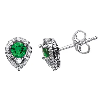 Jewelco London Ladies Sterling Silver Emerald-Green Cubic Zirconia Halo Tears of Joy Drop Earrin