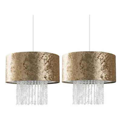 Pair of - Modern Gold Velvet Cylinder Ceiling Pendant Light Shades with Clear Acrylic Droplets -