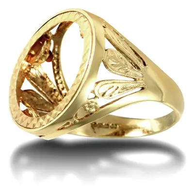 (S) Jewelco London Men's Solid 9ct Yellow Gold Welsh Feather Half Sovereign Mount Ring - JRN174-