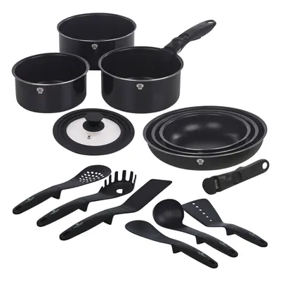 (Black Matt, Pc w/ Tools) Aluminium Induction Space Saving Cookware Saucepan Frying Pan Set Deta