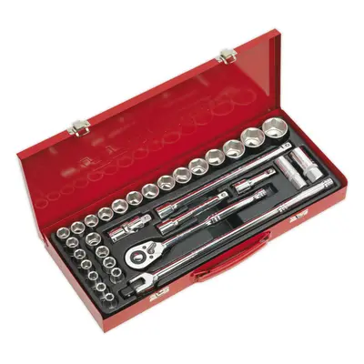 32 PACK Socket Set - 1/2" Met & Imp Square Drive - Point Socket Ratchet Handle