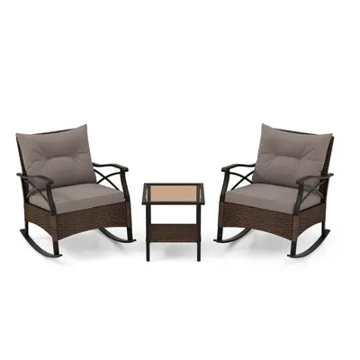 3 Piece Patio Swivel Rocker Set Wicker Rocking Chairs w/ Back Cushions