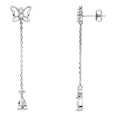 Jewelco London Ladies Rhodium Plated Sterling Silver Pear CZ Butterfly Shoulder Duster Drop Earr