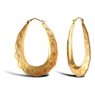 Jewelco London Ladies 9ct Yellow Gold Pear Shape Diamond Pattern Creole Earrings - JER277