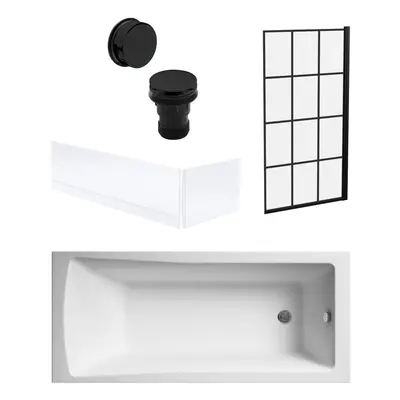 Square Single Ended Bath, Framed Black Screen, Panels, Black Waste - 1700x700mm