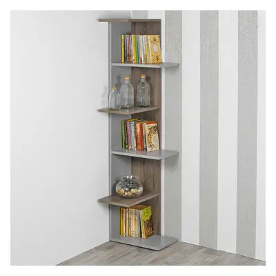 (Grey and Oak, 5) or Tier Wooden Modern Display Corner Bookcase