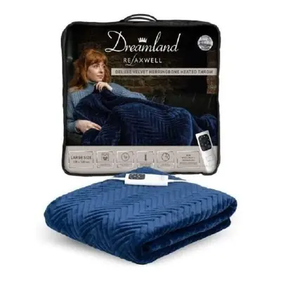 Dreamland Deluxe Velvet Herringbone Heated Throw Navy Blue, Large Size x 120cm