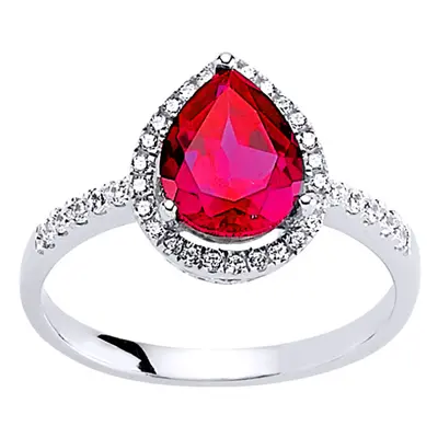 (Q) Jewelco London Ladies Rhodium Plated Sterling Silver Red Pear Cubic Zirconia Halo Engagement