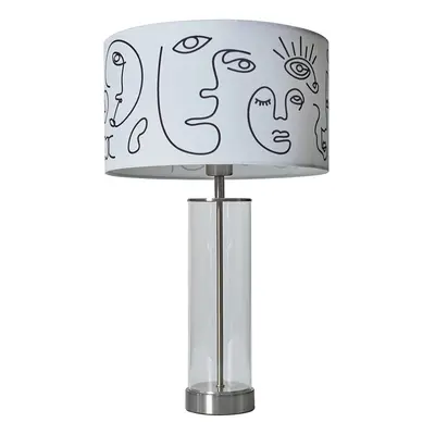 Contemporary Brushed Chrome & Clear Tube Table Lamp with a White Artistic Portrait Design Shade 