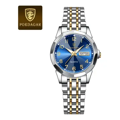 (Gold Blue) Luxury Ladies Wristwatch Waterproof Luminous Date Womens Quartz Watch