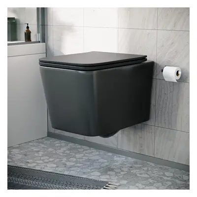 Nes Home Modern Matt Black Square Wall Hung Toilet Pan with Soft Close Seat